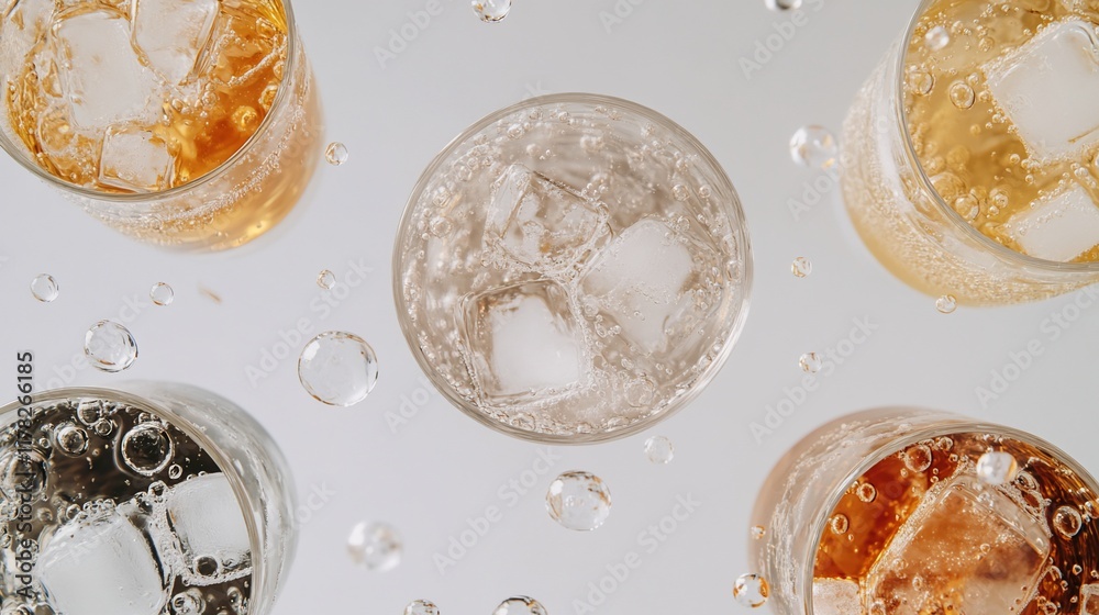 Poster overhead view of five glasses of iced bubbly drinks with ice cubes and bubbles.