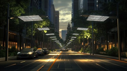 Fototapeta premium Modern city street at dusk, cars parked, trees, lights.
