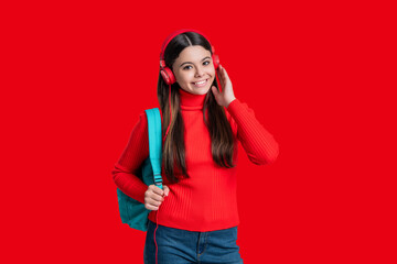 High school education. Knowledge through eLearning. Teen girl carry backpack. Back to school. Knowledge day. Concept of education. Teen girl student isolated on red. September 1. Online lectures