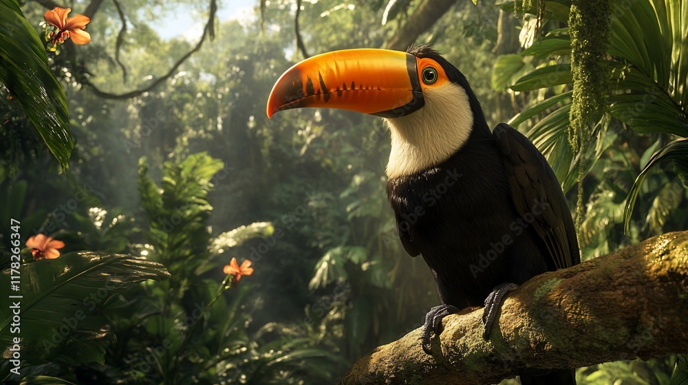 Poster A toucan perched on a branch in a lush rainforest, sunlight filtering through the canopy.