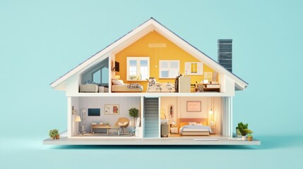 A colorful, modern dollhouse showcasing interior design and living spaces.