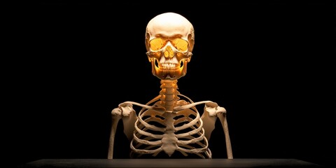 A lifelike skeleton model illuminated against a dark background, showcasing detailed bone structure and anatomy.