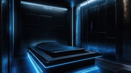 Fototapeta premium Futuristic minimalist room with a sleek platform bed illuminated by blue neon lights.