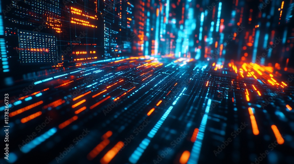 Poster Abstract digital data stream, glowing lines and code forming a futuristic tunnel.