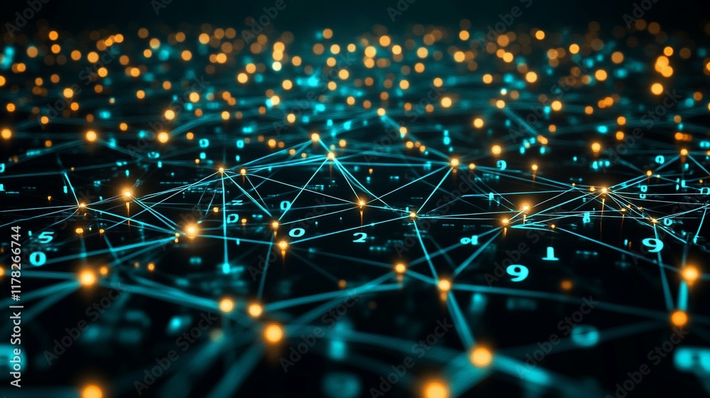 Aufkleber Abstract network data visualization with glowing nodes and connecting lines, showing digital information flow.
