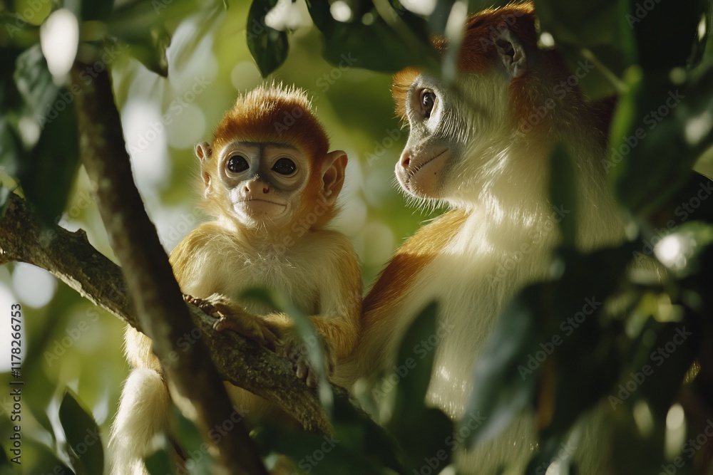 Poster red-shanked douc langur mother and baby sitting on a tree branch.