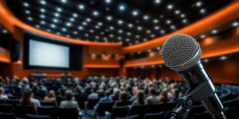 A focused microphone in the foreground with a blurred audience in a well-lit auditorium.