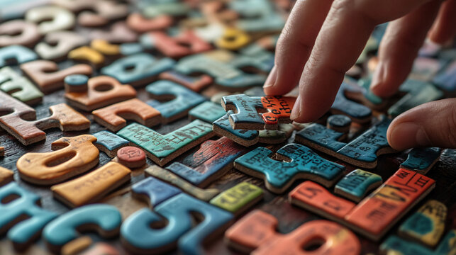A puzzle made of letters and words from different languages, with a person trying to fit the pieces together, representing the process of mastering a new language. 