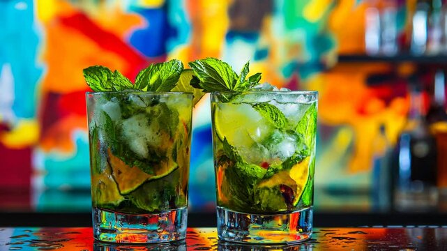 Refreshing mojitos served in stylish glasses against a vibrant colorful background