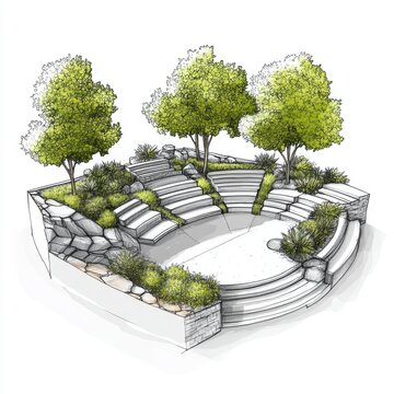 outdoor amphitheater sketch with trees and greenery clip art preview