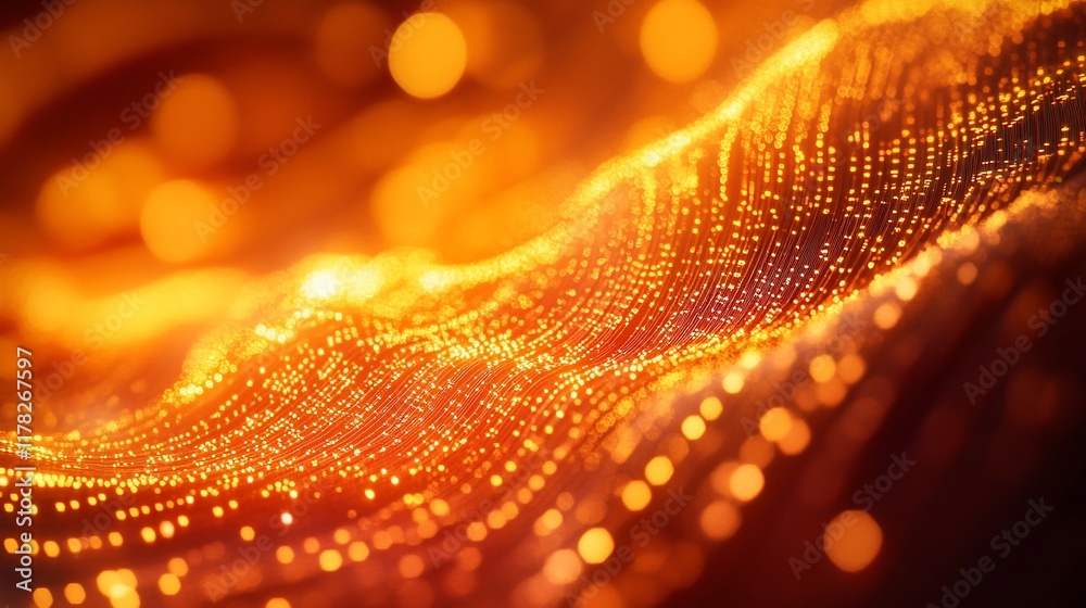 Poster Abstract gold wave pattern with bokeh lights, glowing particles.