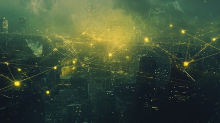 Futuristic city skyline with glowing network connections.