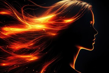 Silhouette of a woman with fiery flowing hair