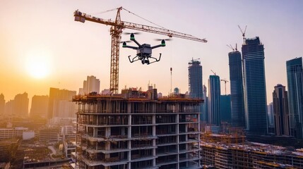 Drone surveying a construction site at sunset.