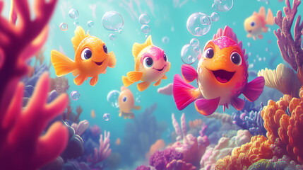 Fototapeta premium Adorable Cartoon Fish Swimming in Vibrant Coral Reef Bubbles