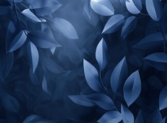 Dark background with a gradient of dark navy and rich indigo, featuring soft, blurred shadows from natural light filtering through the window, creating an abstract pattern reminiscent of foliage