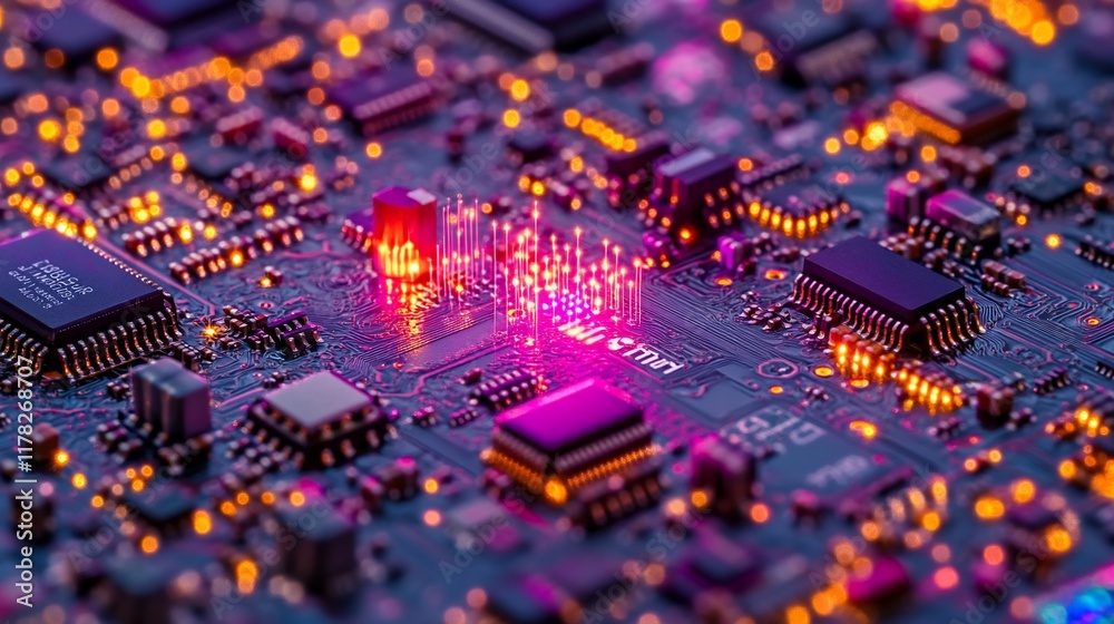 Poster Close-up of illuminated circuit board with glowing components and intricate details.
