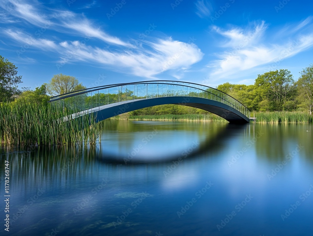 Poster modern arched bridge reflecting in calm lake water under a vibrant blue sky with wispy clouds and lu