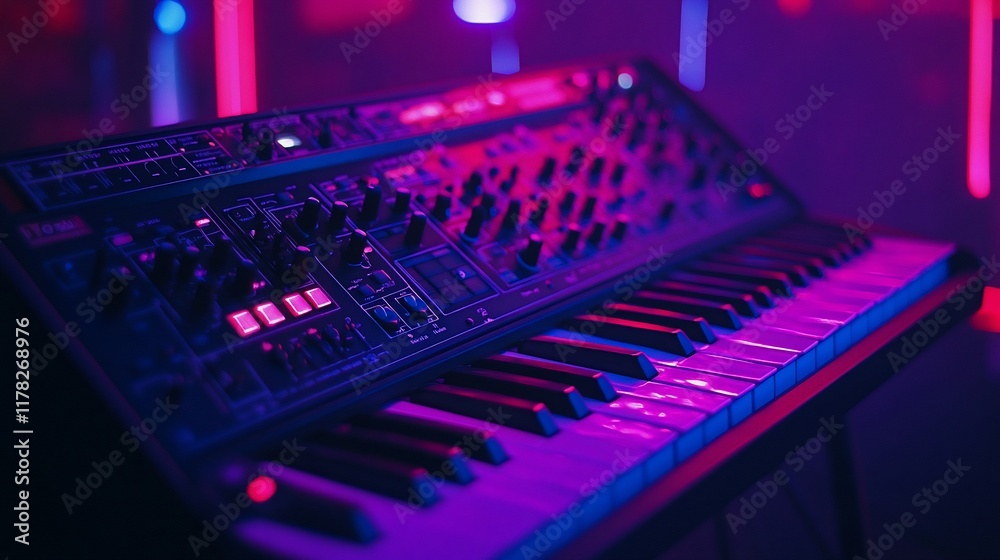 Poster close-up of a synthesizer keyboard illuminated with pink and blue neon lights.