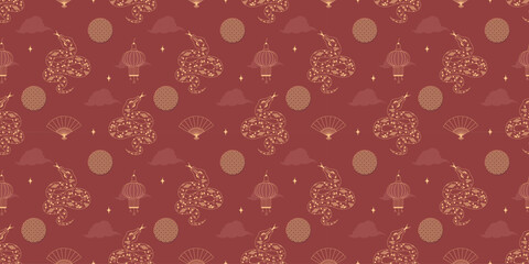 Snake seamless pattern, symbol of the Lunar New Year 2025. Outline snake, lantern, fan in geometric style on red background. Vector illustration for background, banner, card, wrapping paper, textile