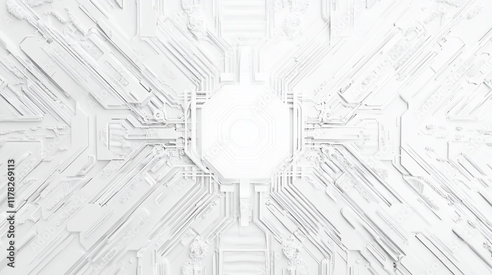 Poster Abstract white technological background with central glowing element and circuit lines.