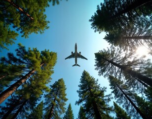 Obraz premium Airplane soars above dense green forest. Sunny daylight illuminates sky, trees. Bottom view perspective. Aerial view. Travel theme. Nature scenery. Eco tourism. Commercial aviation. Business travel.