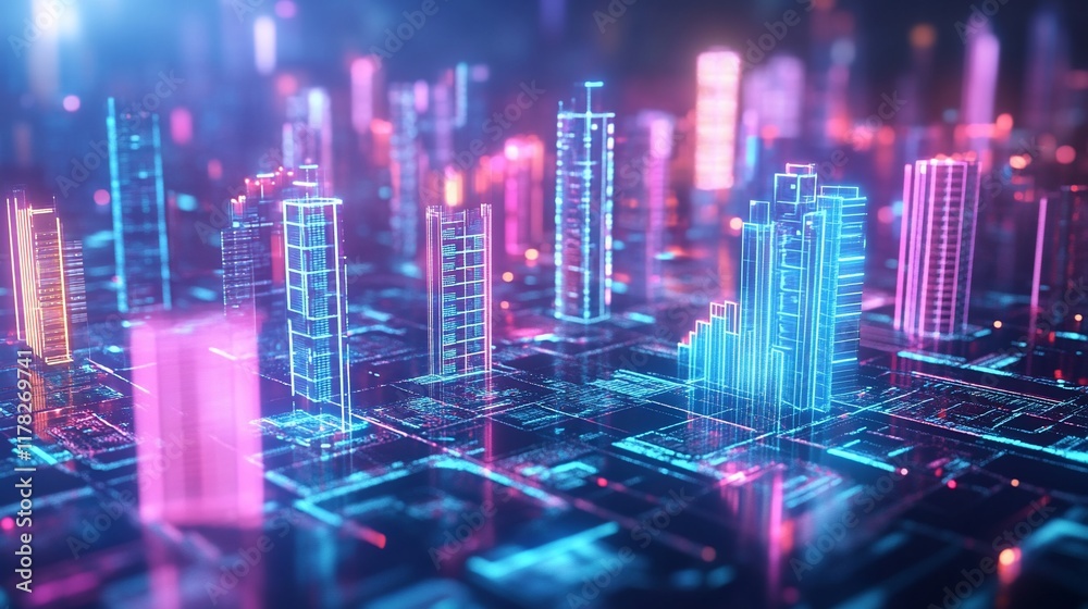Poster futuristic cityscape digital rendering with glowing neon buildings and circuit board.
