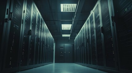 Dark server room with rows of data storage racks.