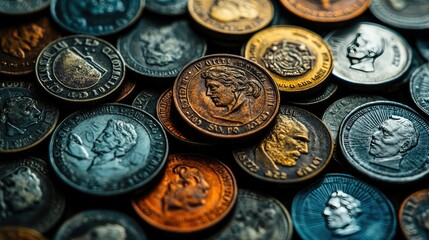 Pile of antique coins with varied colors and profiles, ideal for finance or history projects