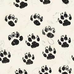Fototapeta premium Unique and playful design features multiple black dog paw prints arranged in a seamless pattern, perfect for crafting and textile projects