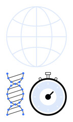 Globe outline DNA strand with blue nodes and stopwatch illustrate global science, genetics, time management, and research. Ideal for education, biotechnology, healthcare, innovation, efficiency