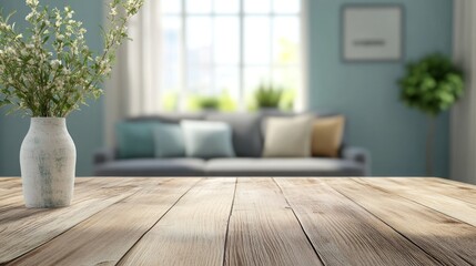 A cozy living room scene with a wooden table and a vase of flowers in the foreground.