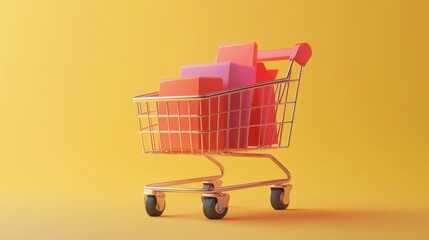Happy Shopping Cart with Colorful Boxes on Yellow Background