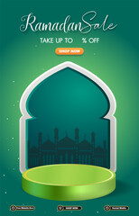 ramadan sale discount template banner with 3d podium for product sale with green background design 03