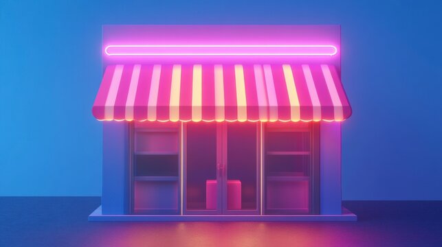 Neon Store Front, Pink & Purple, Smiling Shopkeeper, Night