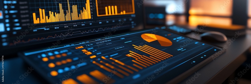 Poster Close-up of computer screens displaying financial data, charts, and graphs.