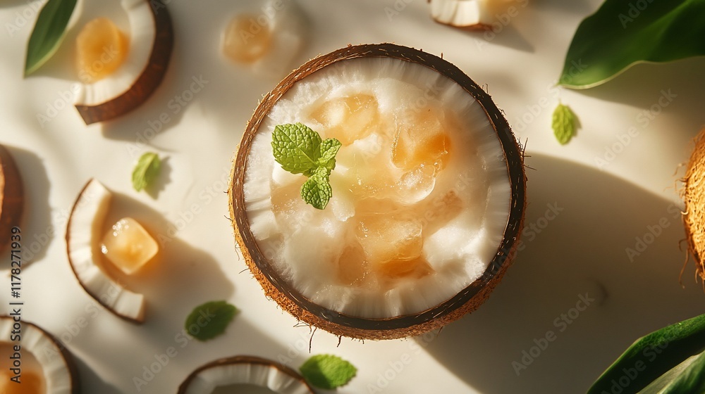Poster refreshing coconut drink with ice and mint in coconut shell.
