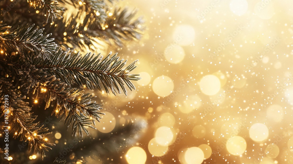 Aufkleber festive christmas tree branch with warm lights and bokeh background.