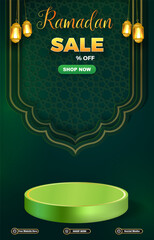 ramadan sale discount template banner with 3d podium for product sale with green background design 02