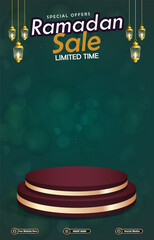special offer ramadan sale discount template banner with 3d podium for product sale with green background design 07