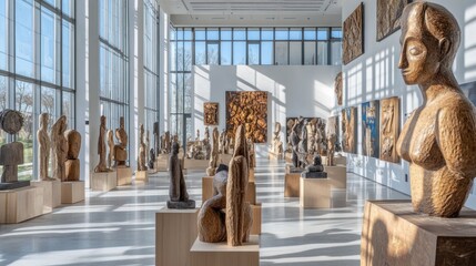 Art gallery showcasing wooden sculptures and artworks.