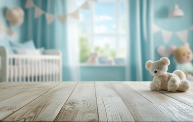 Empty wooden table top with a blurred baby room interior background for product display, montage photography, stock photo. 