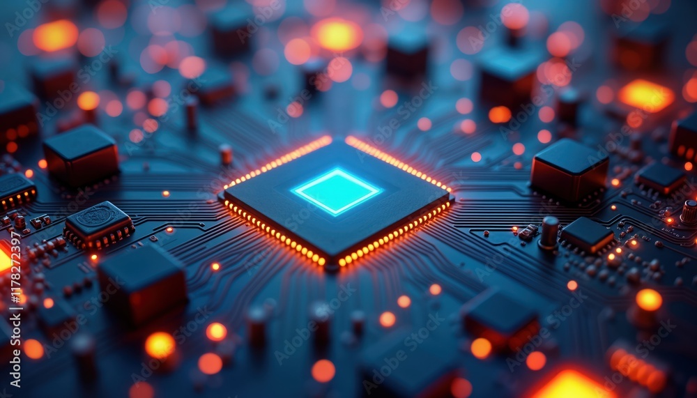 Poster Futuristic circuit board glows with blue, orange lights. Tech details, electronic components visible. Abstract, modern design. Advanced technology concept. High tech elements highlighted with glowing