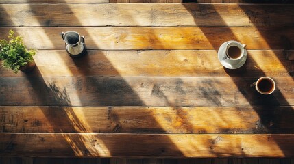 A cozy table setting with coffee, a milk jug, and a plant, illuminated by sunlight.