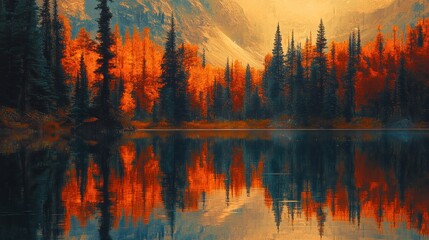 Fototapeta premium Vibrant autumn foliage reflected in a serene mountain lake.