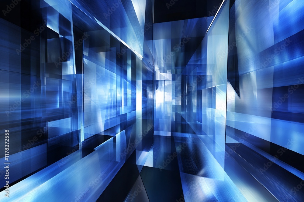 Aufkleber Abstract blue geometric shapes creating a futuristic, dynamic, and complex 3D structure with light and shadow effects.
