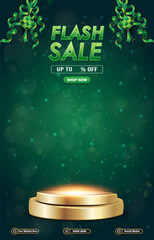 eid sale discount template banner with 3d podium for product sale with green background design 04