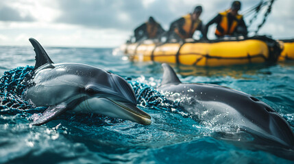 Fototapeta premium A rescue team guiding dolphins caught in nets back to open waters, with soft blue tones symbolizing liberation and recovery. 