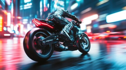 Futuristic motorcyclist speeding through vibrant city at night. (1)