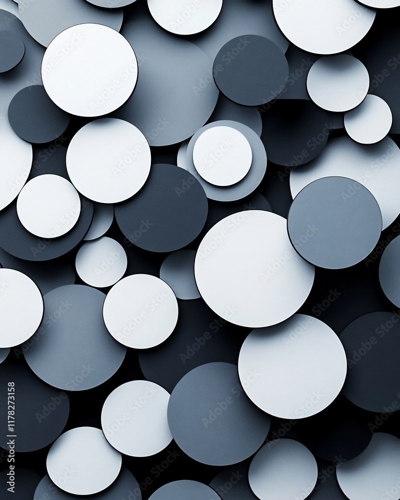Poster Abstract background of overlapping circles in shades of gray and white.